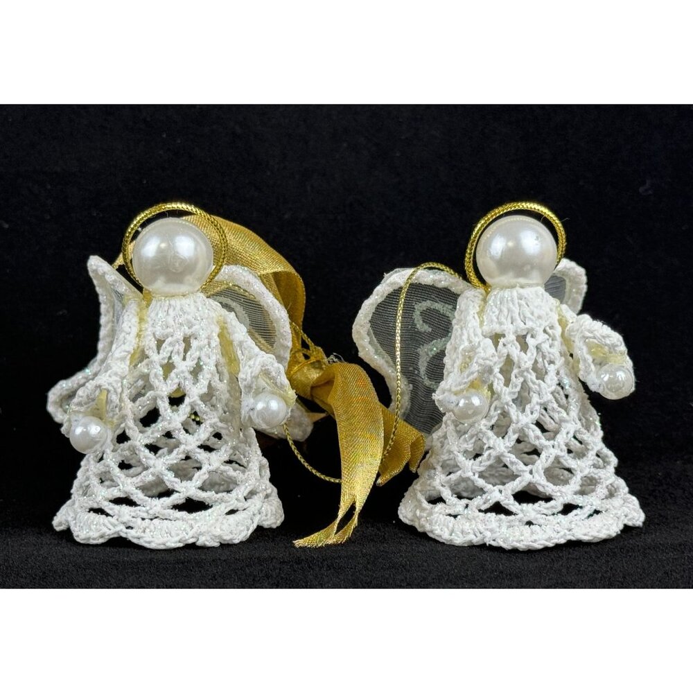 Avon Crocheted Lace Ornament Angels 13 inches White Gold Bow in Box F32908-1 - Picture 3 of 15